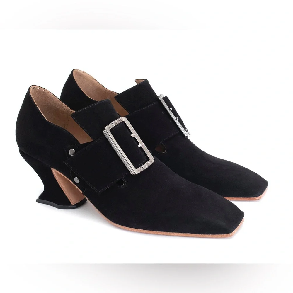 John Fluevog Black Suede Bishop Buckled Heels sz 10.5 EUC whimsigoth loafers - Picture 2 of 16